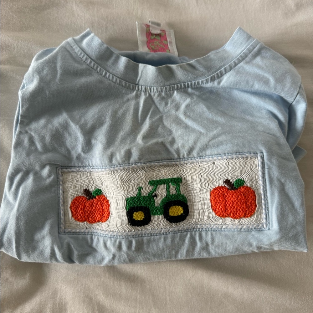 Smocked pumpkin tractor shirt light blue 3T Cecil and Lou boys